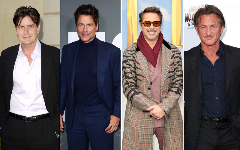 Charlie Sheen, Sean Penn, Rob Lowe, and Robert Downey Jr. | Alamy Stock Photo by Michael Germana/Globe Photos/ZUMAPRESS & Xavier Collin/Image Press Agency & Stills Press & Getty Images Photo by Steve Granitz/WireImage 